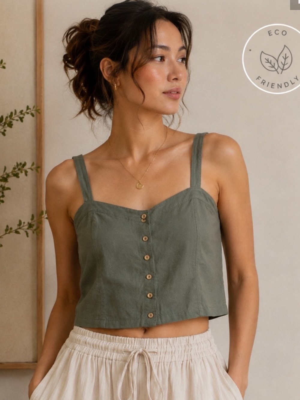 Tentree Linen Blend Crop Tank Top Large Sage Green Button Front